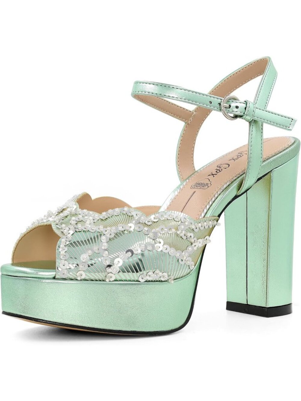 Women's Green Sparkly Fish Mouth Open Toe Ankle Strap Chunky Sexy Heel Shoes